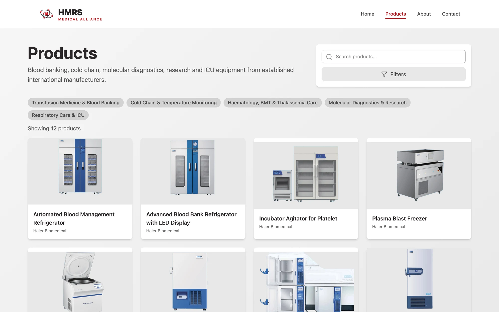Public product catalogue with search, category filters and product cards